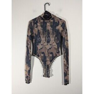 I.AM.GIA. Top Women XS Delara Camo Black Brown Mesh Long Sleeve Bodysuit